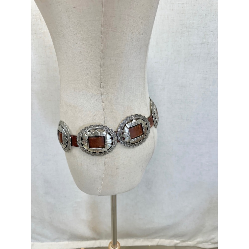 Vintage '93 Brown Leather Sunflower Silver Concho Belt Womens Large Southwestern - Picture 3 of 16